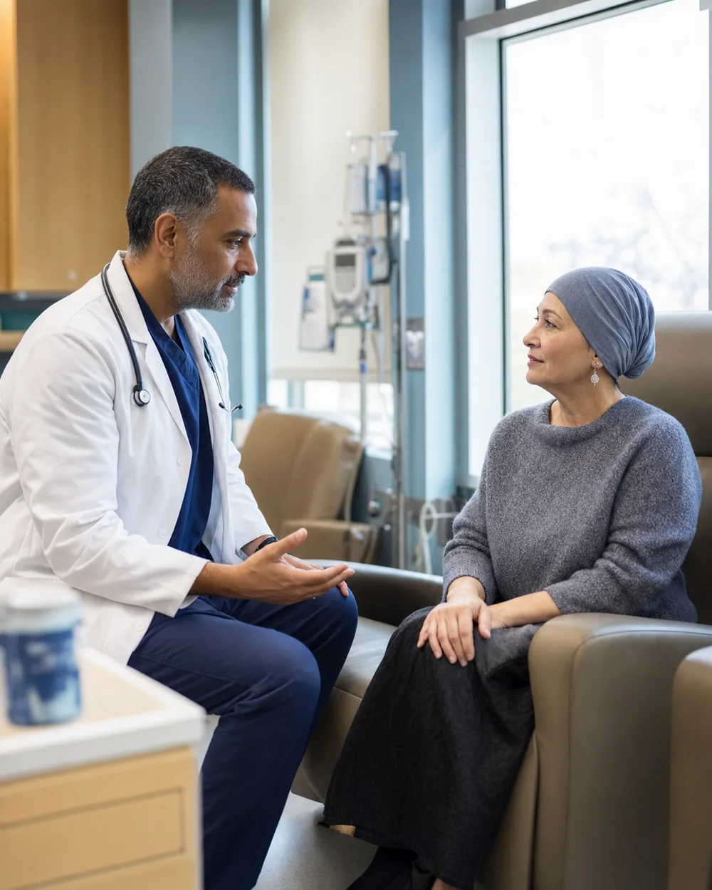 Oncologist speaking with a patient in an independent infusion clinic